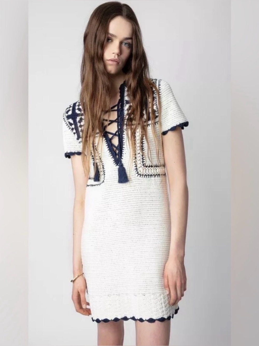 Zadig & Voltaire Imany Crochet Mini Dress Women's Medium Tasselled V-Neck